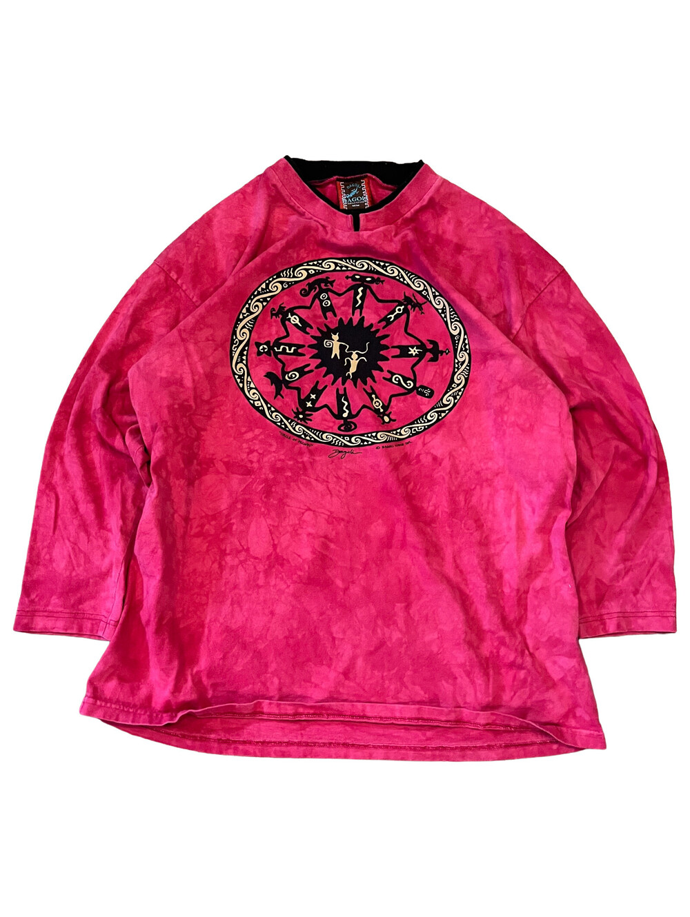 Vintage 90s Y2K DAGOLI Circle Of Friends Native Art Tribal Red Tie Dye Shirt Med